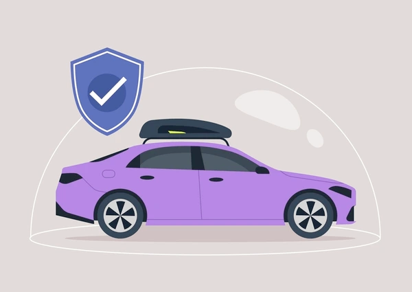 A modern sedan safely covered by a protective shield, symbolizing comprehensive auto insurance coverage.