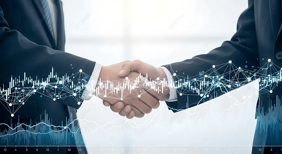 Two business people shaking hands over a chart showing financial growth, symbolizing a successful partnership.